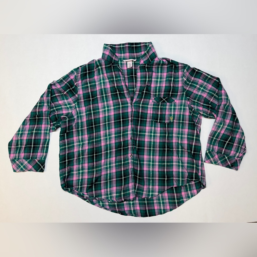 Victoria’s Secret Women’s XL Green Pink Plaid Loose Pajama Shirt